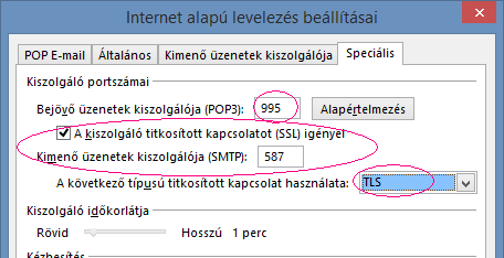 Outlook: Speciális fül, 995 és 587 portok, SSL és TLS