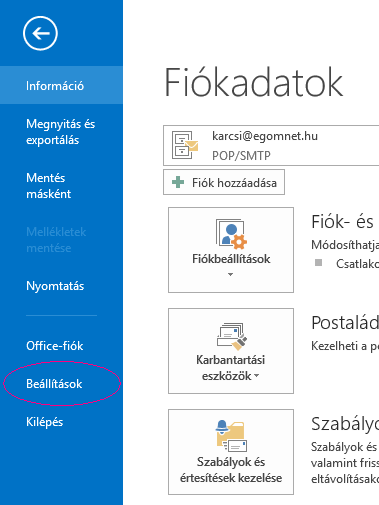 Outlook: Fájl menü, Beállítások menüpont