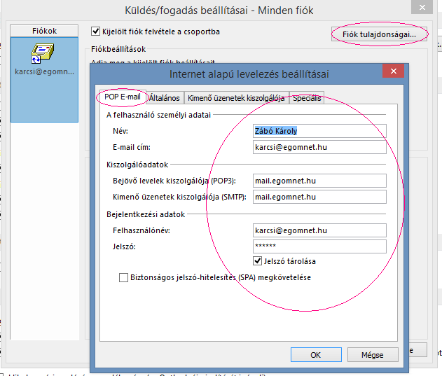 Outlook: POP E-mail fül, kiszolgáló és bejelentkezési adatok