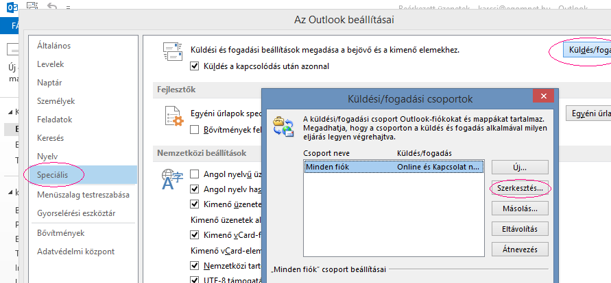 Outlook: Speciális, Küldés/fogadás, Szerkesztés