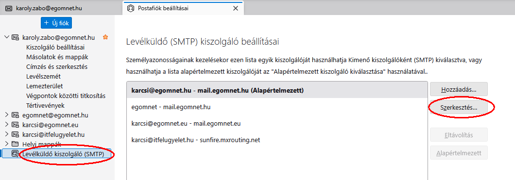 Thunderbird: postafiók kiválasztása és tulajdonságok megnyitása