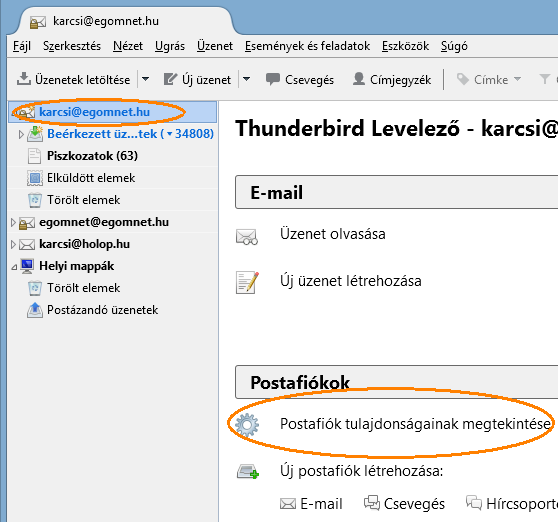 Thunderbird: postafiók kiválasztása és tulajdonságok megnyitása