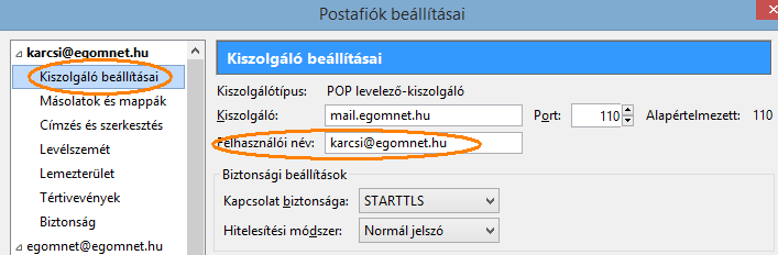 Thunderbird: POP kiszolgáló beállításai mail.egomnet.hu