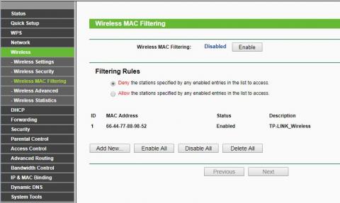 Wireless MAC Filtering beállítások