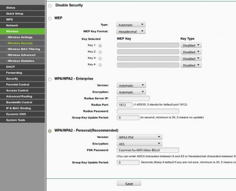 Router Wireless Security – WPA beállítások