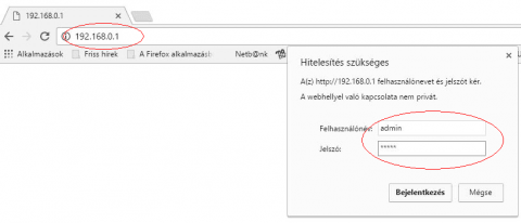 Böngésző címsor: router IP-cím beírása