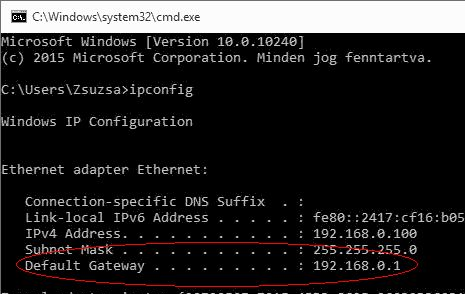 ipconfig kimenet: alapértelmezett átjáró 192.168.0.1