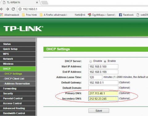 TP-Link DHCP beállítások: DNS szerver mezők
