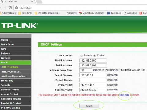 TP-Link: beállítások mentése